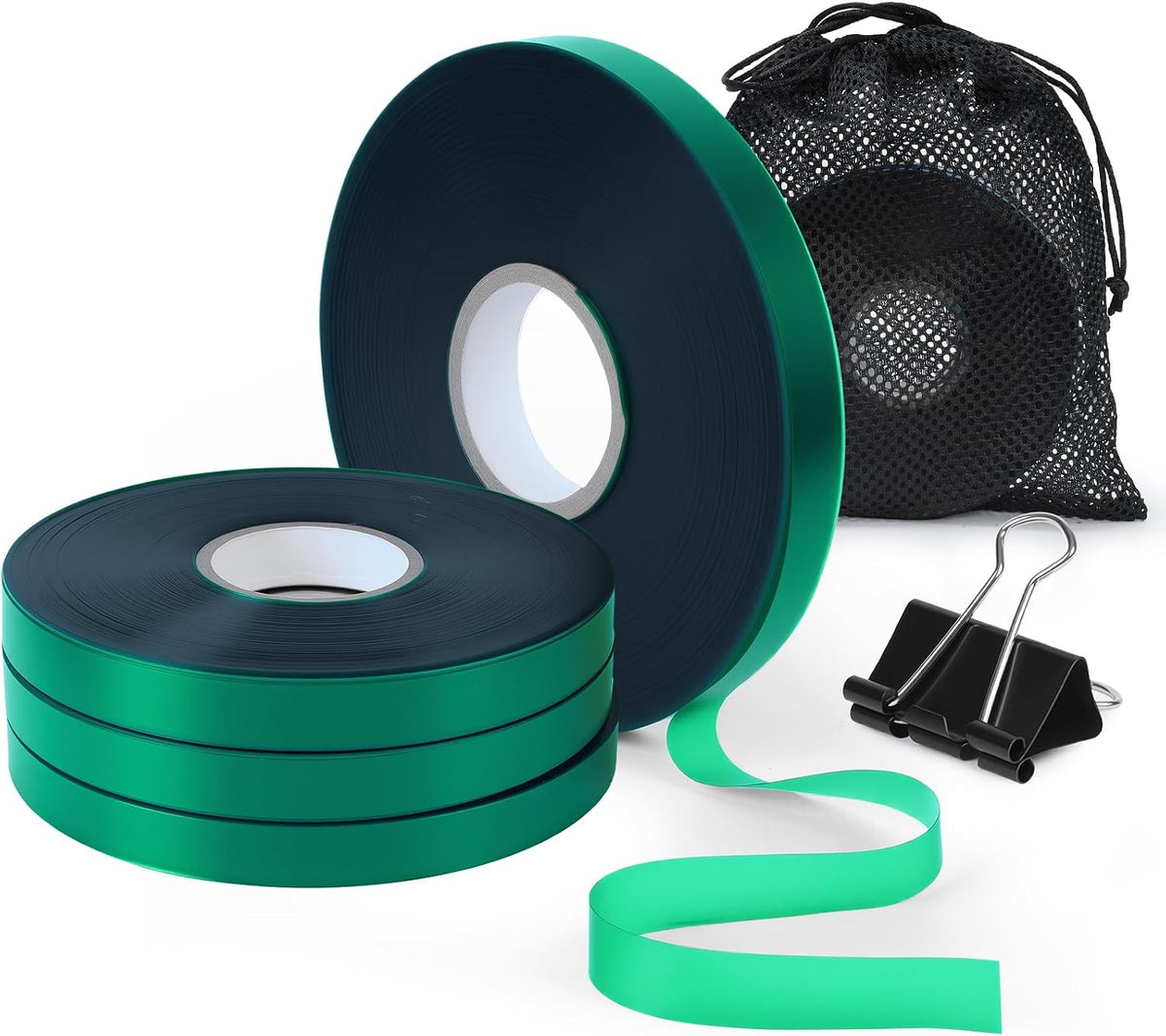Plant Tie Tape – 2 Rolls (394 ft Total), 0.5" Wide, Non-Adhesive Stretch PVC Garden Ties for Tomato, Vine, Rose & Tree Support, Reusable & Weather-Resistant, Includes Mesh Bag & Binder Clip