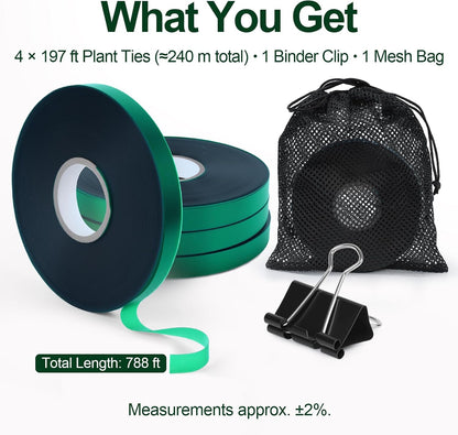 Plant Tie Tape – 2 Rolls (394 ft Total), 0.5" Wide, Non-Adhesive Stretch PVC Garden Ties for Tomato, Vine, Rose & Tree Support, Reusable & Weather-Resistant, Includes Mesh Bag & Binder Clip