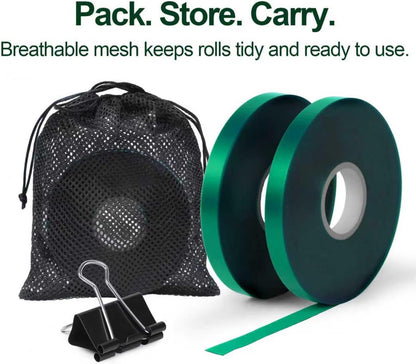 Plant Tie Tape – 2 Rolls (394 ft Total), 0.5" Wide, Non-Adhesive Stretch PVC Garden Ties for Tomato, Vine, Rose & Tree Support, Reusable & Weather-Resistant, Includes Mesh Bag & Binder Clip