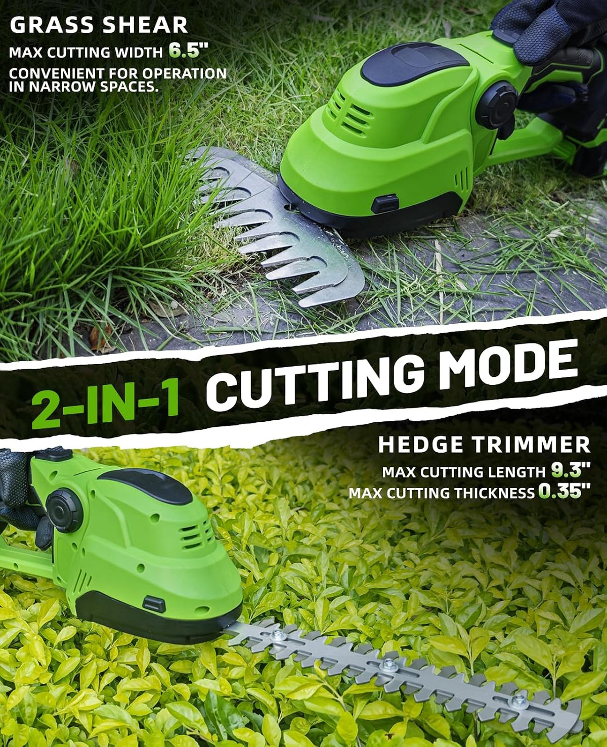 Mini Hedge Trimmer, Cordless Bush Trimmer, 2-in-1 Handheld Electric Grass Trimmer Hedge Shears/Grass Cutter with 2pack Battery and Charger (WHT22)