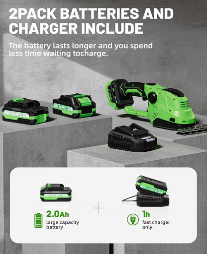 Mini Hedge Trimmer, Cordless Bush Trimmer, 2-in-1 Handheld Electric Grass Trimmer Hedge Shears/Grass Cutter with 2pack Battery and Charger (WHT22)