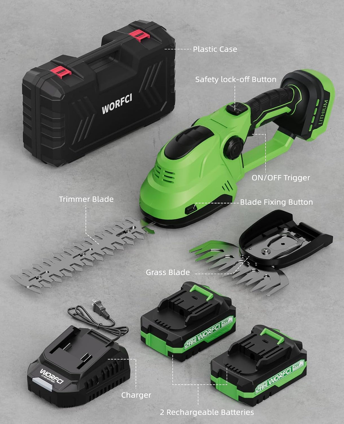 Mini Hedge Trimmer, Cordless Bush Trimmer, 2-in-1 Handheld Electric Grass Trimmer Hedge Shears/Grass Cutter with 2pack Battery and Charger (WHT22)