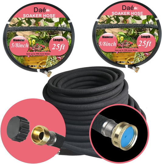 é 2Pack Rubber Soaker Hose, 5/8 inch, 25ft Garden Hose for Irrigation,Water-Saving up to 70%, Aluminium Connector Leak-Proof, Heavy-duty Hose, Watering for Trees,Lawns, Vegetables and Flowers.