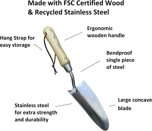Garden Tool Set 3pc Hand Trowel Transplanter Cultivator – Heavy Duty Rust Resistant Stainless Steel – Classic Ergonomic Wooden Handle – Perfect Gardening Tool Kit Gifts for Women and Men