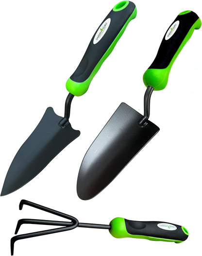 Garden Tool Set 3pc Hand Trowel Transplanter Cultivator – Heavy Duty Rust Resistant Stainless Steel – Classic Ergonomic Wooden Handle – Perfect Gardening Tool Kit Gifts for Women and Men