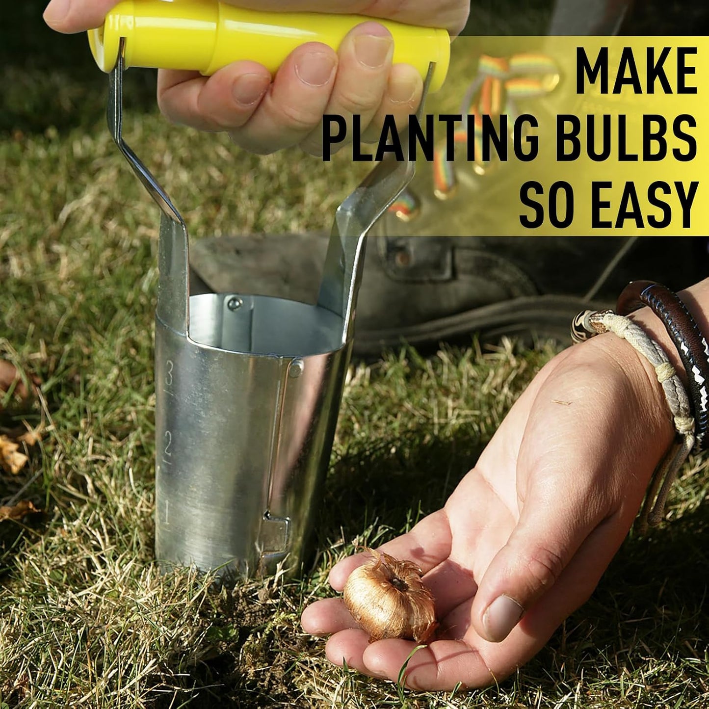 Small Bulb Planter Tool– Compact Stainless Steel Transplanter for Bulbs, Seedlings & Flowers – Ergonomic Handle with Depth Markings – Silver & Black– Durable Garden Planting Tool