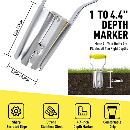 Small Bulb Planter Tool– Compact Stainless Steel Transplanter for Bulbs, Seedlings & Flowers – Ergonomic Handle with Depth Markings – Silver & Black– Durable Garden Planting Tool