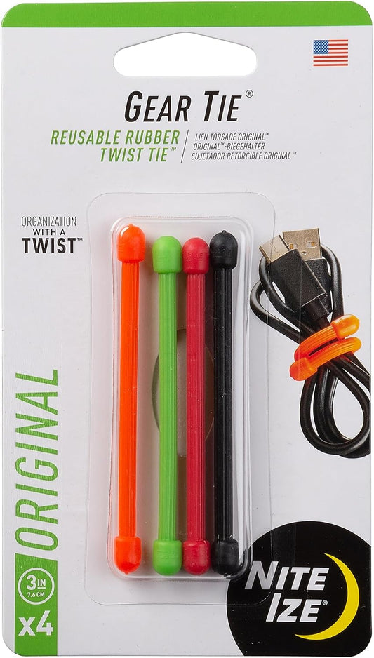 GT3-4PK-A1 Original Gear, Reusable Rubber Twist Tie, Made in The USA, 3-Inch, 3" - 4-Pack, Colors may vary, 4 Count