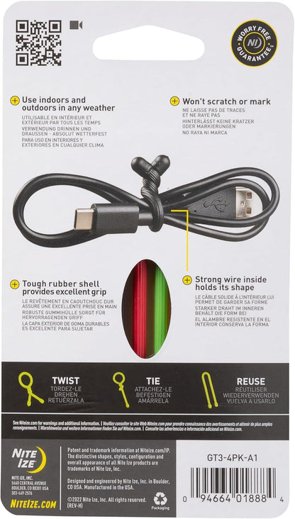 GT3-4PK-A1 Original Gear, Reusable Rubber Twist Tie, Made in The USA, 3-Inch, 3" - 4-Pack, Colors may vary, 4 Count