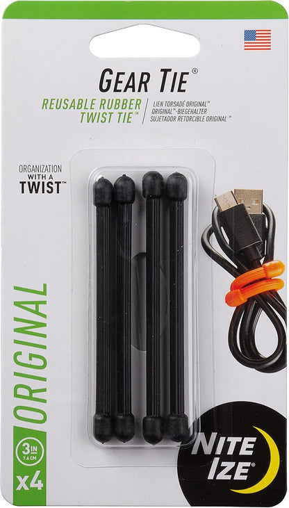 GT3-4PK-A1 Original Gear, Reusable Rubber Twist Tie, Made in The USA, 3-Inch, 3" - 4-Pack, Colors may vary, 4 Count