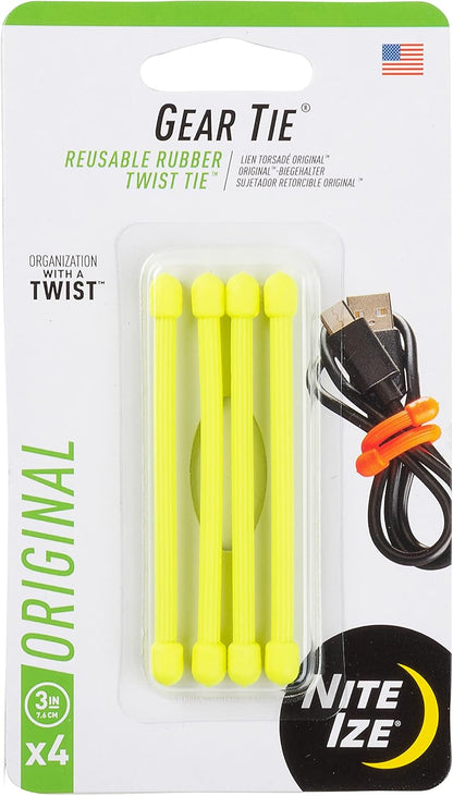 GT3-4PK-A1 Original Gear, Reusable Rubber Twist Tie, Made in The USA, 3-Inch, 3" - 4-Pack, Colors may vary, 4 Count