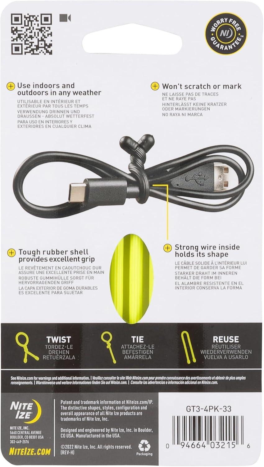 GT3-4PK-A1 Original Gear, Reusable Rubber Twist Tie, Made in The USA, 3-Inch, 3" - 4-Pack, Colors may vary, 4 Count