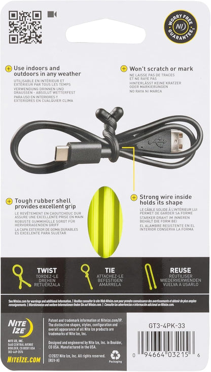 GT3-4PK-A1 Original Gear, Reusable Rubber Twist Tie, Made in The USA, 3-Inch, 3" - 4-Pack, Colors may vary, 4 Count