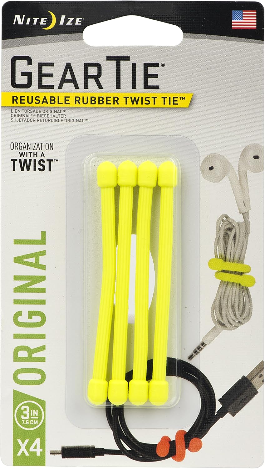 GT3-4PK-A1 Original Gear, Reusable Rubber Twist Tie, Made in The USA, 3-Inch, 3" - 4-Pack, Colors may vary, 4 Count
