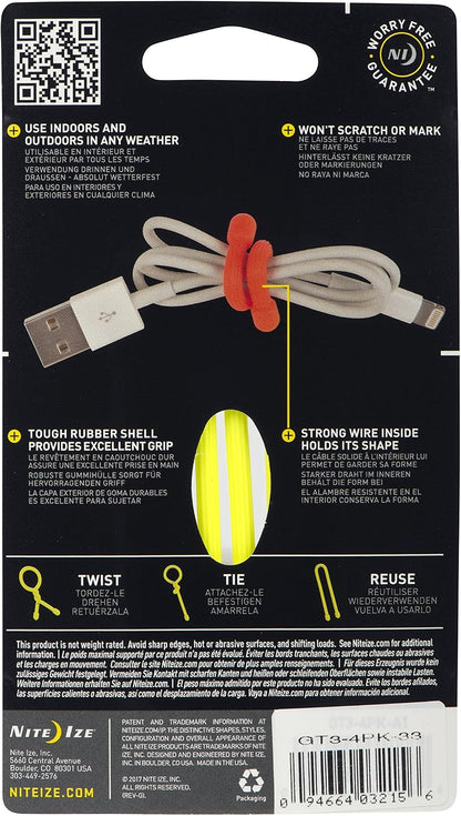 GT3-4PK-A1 Original Gear, Reusable Rubber Twist Tie, Made in The USA, 3-Inch, 3" - 4-Pack, Colors may vary, 4 Count