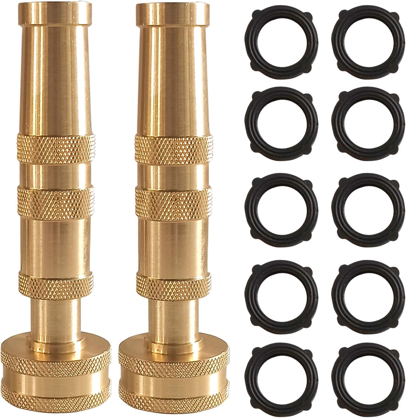 Adjustable Twist Hose Nozzle, 4" Heavy-Duty Brass Hose Nozzle with 10 Garden Hose Rubber Washers, 2 Pack