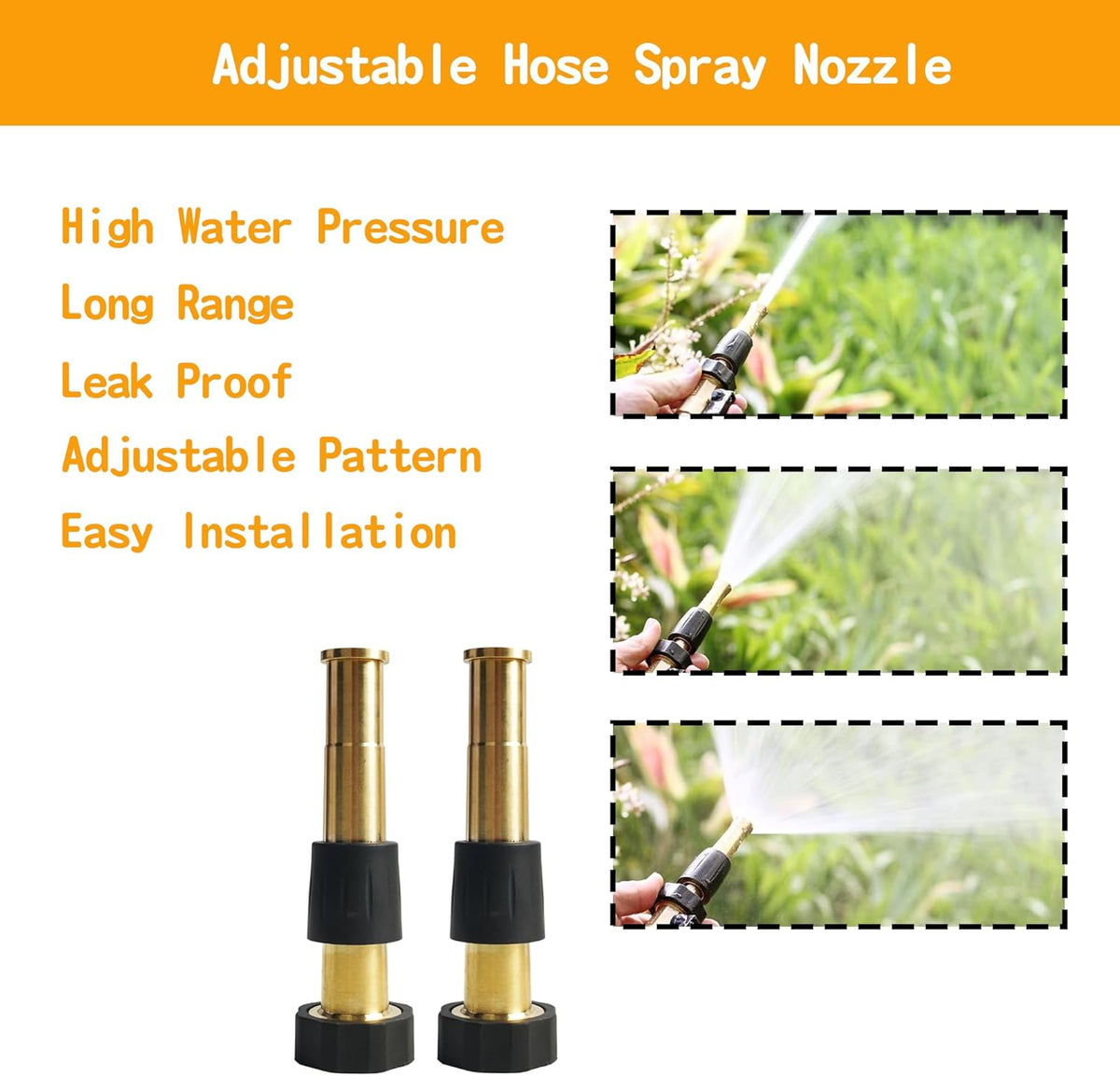 Adjustable Twist Hose Nozzle, 4" Heavy-Duty Brass Hose Nozzle with 10 Garden Hose Rubber Washers, 2 Pack