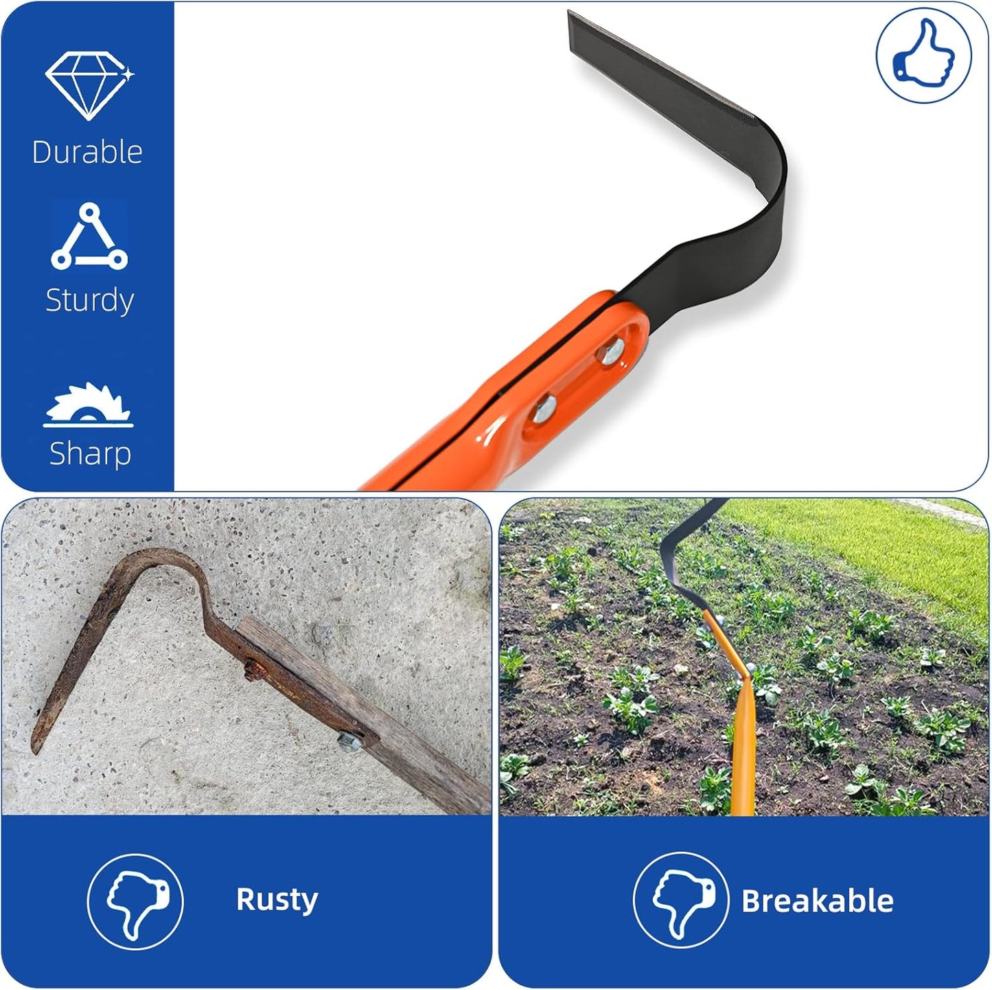 L Shaped Grass Hoe Multifunctional Garden Hoe Tool, Crevice Weeding Hoe with Adjustable Long Handle, Efficient Sharp Three Sided Blade for Weeding Cultivating and Lawn Care