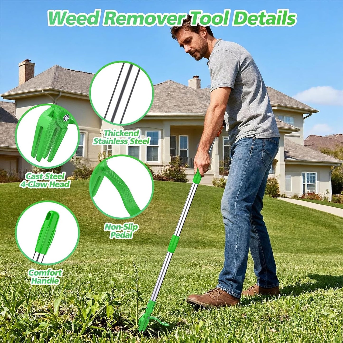 Weed Puller Tool - Stand Up Weed Remover Tool with 4-Claw Steel Head