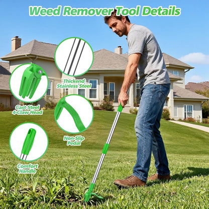 Weed Puller Tool - Stand Up Weed Remover Tool with 4-Claw Steel Head