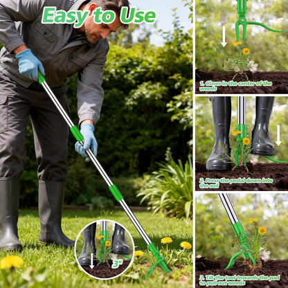 Weed Puller Tool - Stand Up Weed Remover Tool with 4-Claw Steel Head