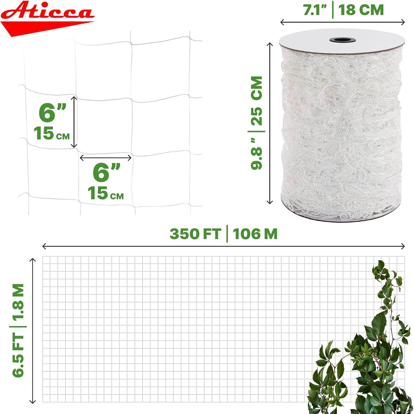 5x350 FT Heavy Duty Trellis Netting, 6-Inch Mesh, White Polyester
