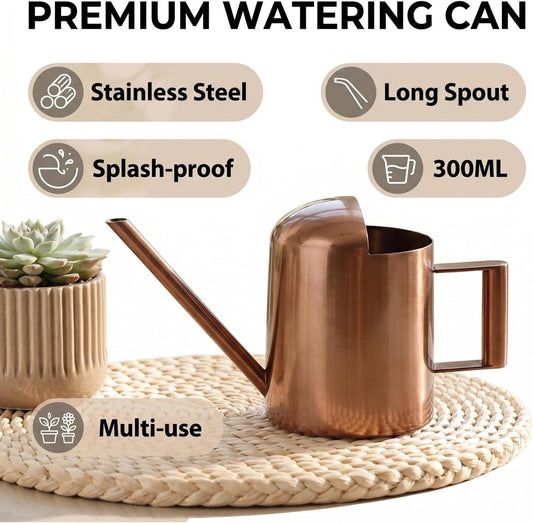 Watering Can 10oz/300ml Stainless Steel Long Spout Semi Open Powder Coated Flower Watering Pot for Garden Family Outdoor