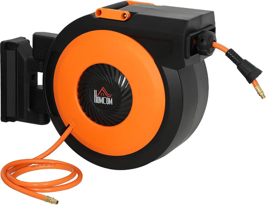 Retractable Air Hose Reel Auto Rewind 3/8 in x 98 ft Black & Orange