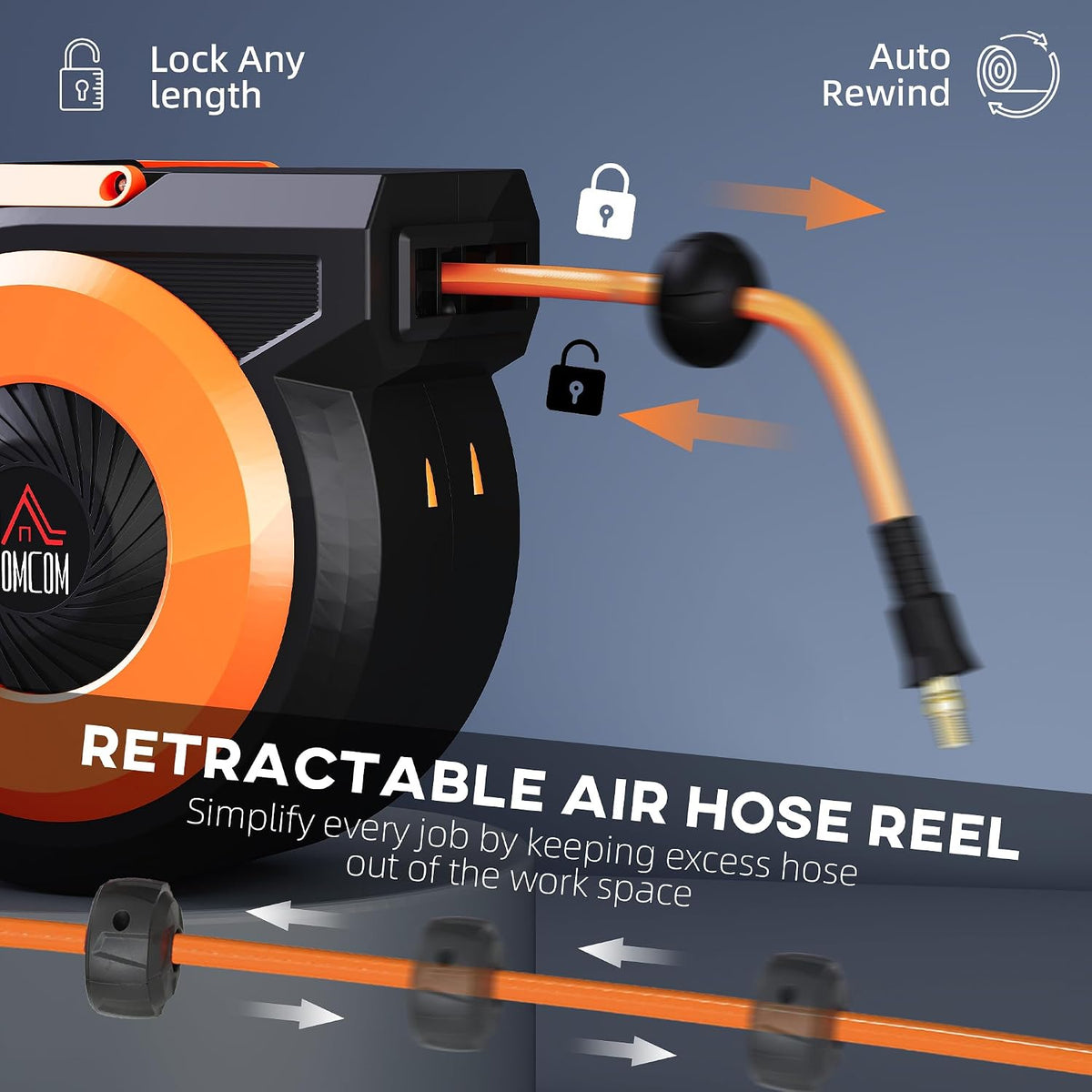 Retractable Air Hose Reel Auto Rewind 3/8 in x 98 ft Black & Orange