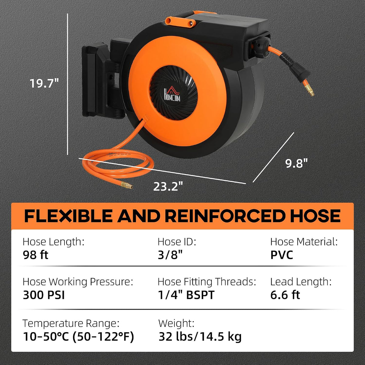 Retractable Air Hose Reel Auto Rewind 3/8 in x 98 ft Black & Orange