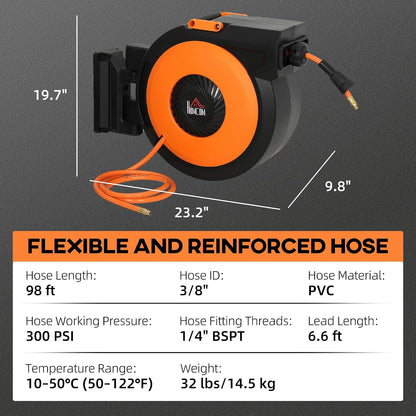 Retractable Air Hose Reel Auto Rewind 3/8 in x 98 ft Black & Orange