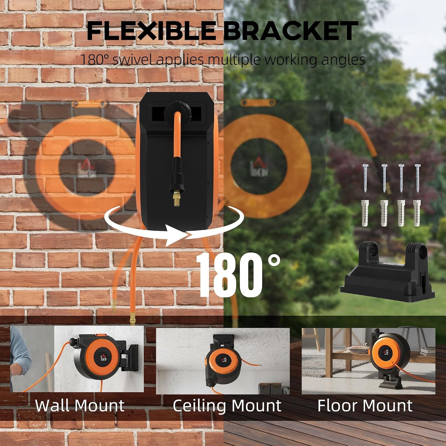 Retractable Air Hose Reel Auto Rewind 3/8 in x 98 ft Black & Orange