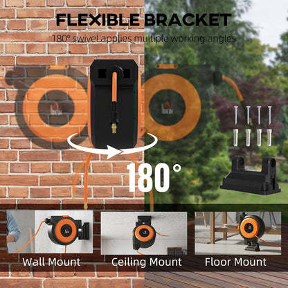 Retractable Air Hose Reel Auto Rewind 3/8 in x 98 ft Black & Orange