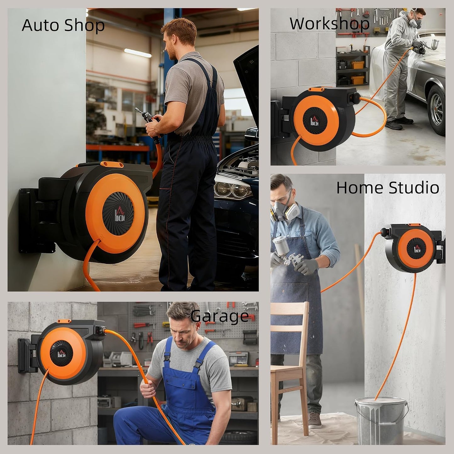 Retractable Air Hose Reel Auto Rewind 3/8 in x 98 ft Black & Orange