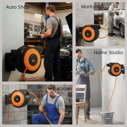Retractable Air Hose Reel Auto Rewind 3/8 in x 98 ft Black & Orange