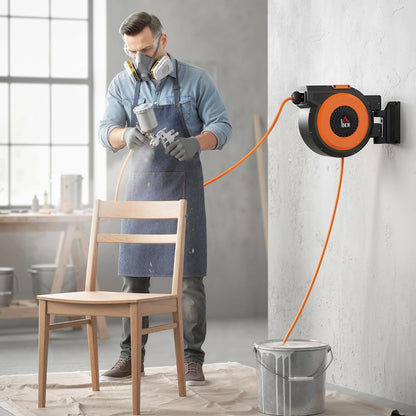Retractable Air Hose Reel Auto Rewind 3/8 in x 98 ft Black & Orange