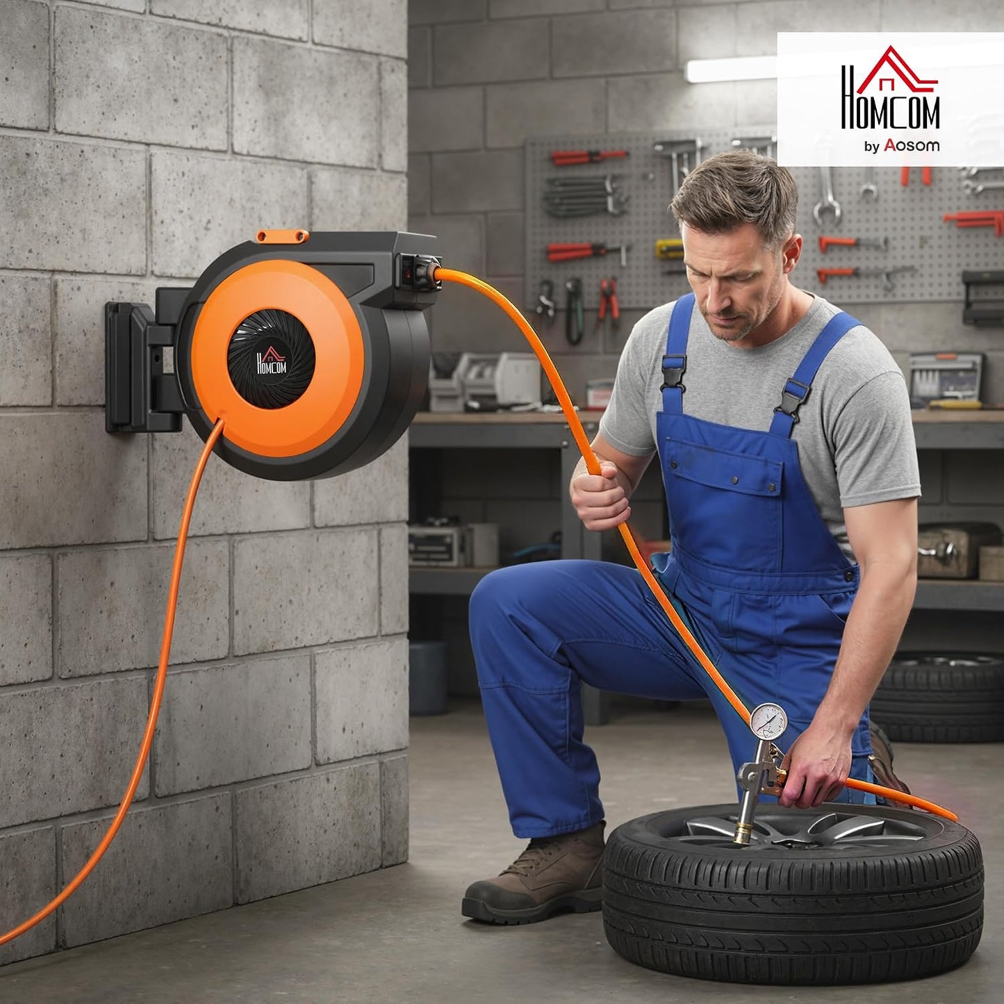 Retractable Air Hose Reel Auto Rewind 3/8 in x 98 ft Black & Orange