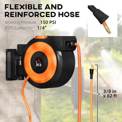 Retractable Air Hose Reel Auto Rewind 3/8 in x 98 ft Black & Orange