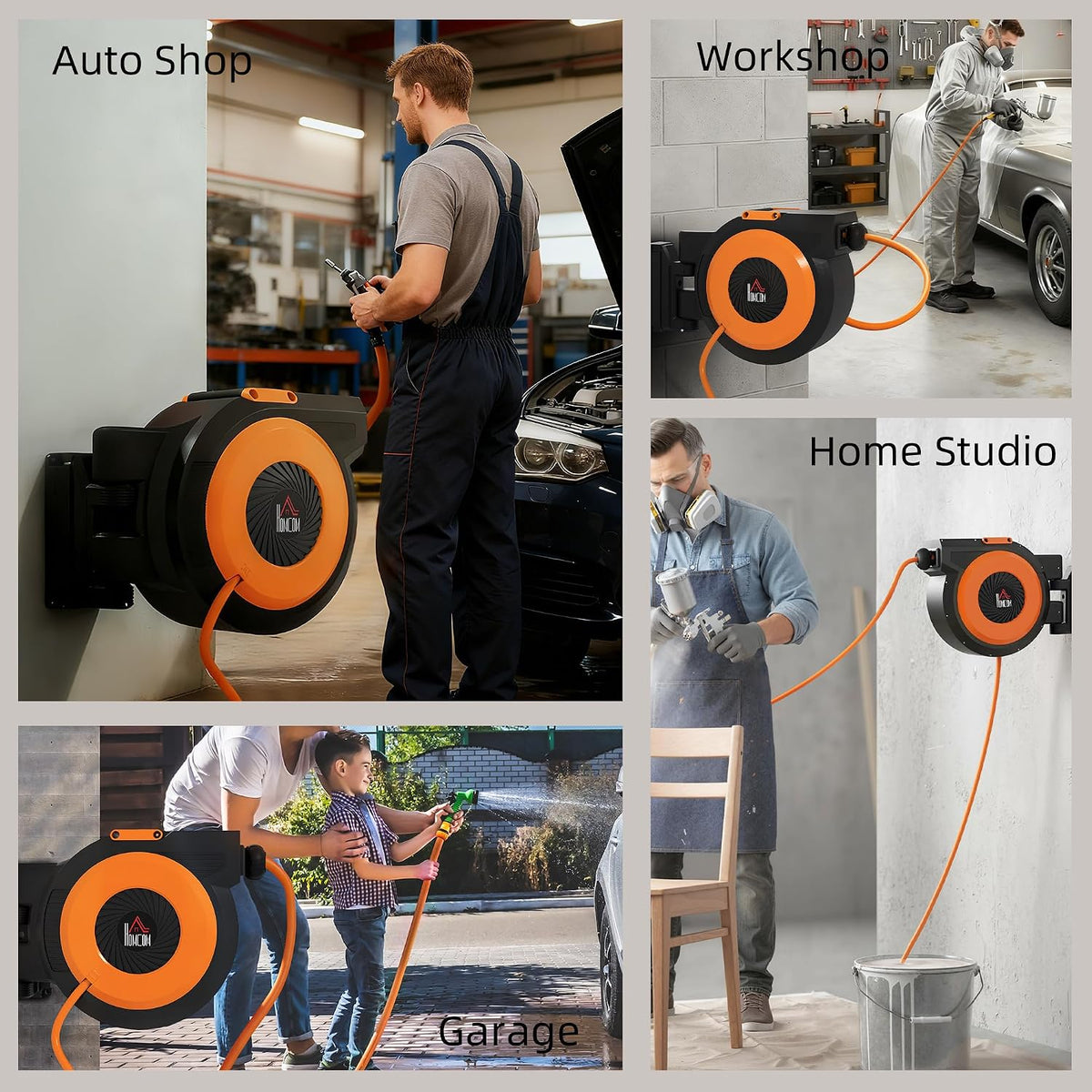 Retractable Air Hose Reel Auto Rewind 3/8 in x 98 ft Black & Orange