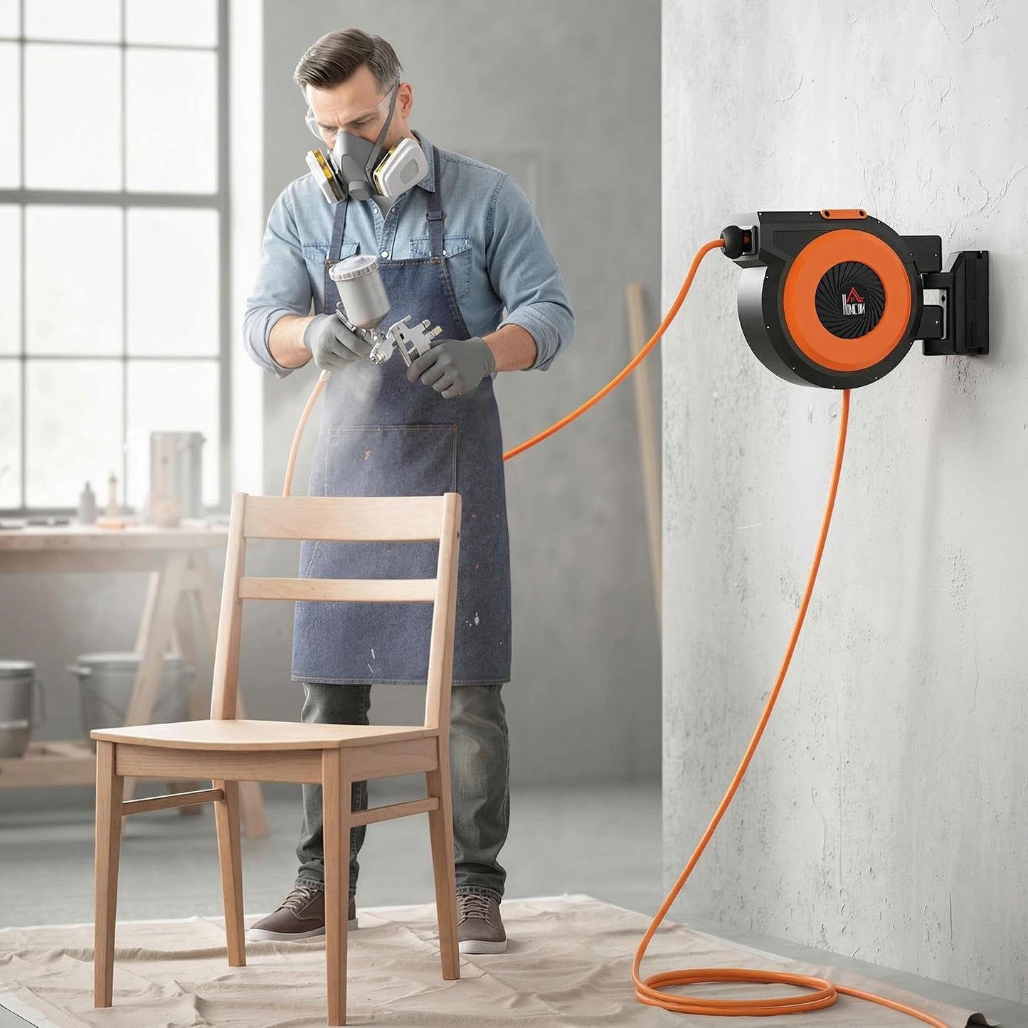Retractable Air Hose Reel Auto Rewind 3/8 in x 98 ft Black & Orange