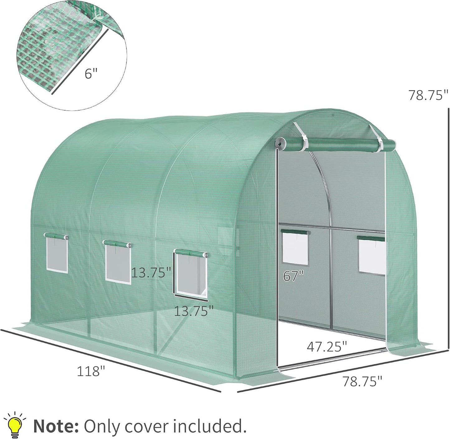 9.8' x 6.6' x 6.6' Plastic Greenhouse Cover Replacement Green