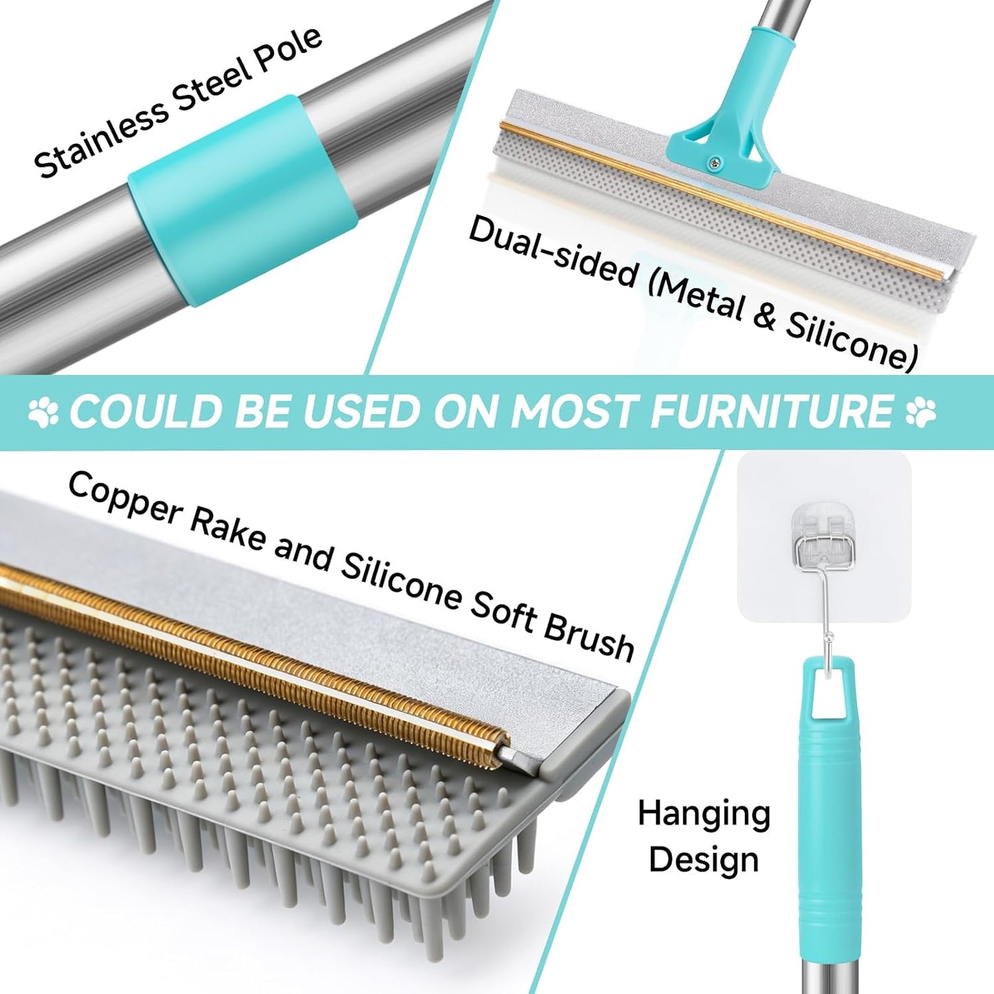 Carpet Rake for Pet Hair Removal Tool, Reusable Pet Hair Remover Broom