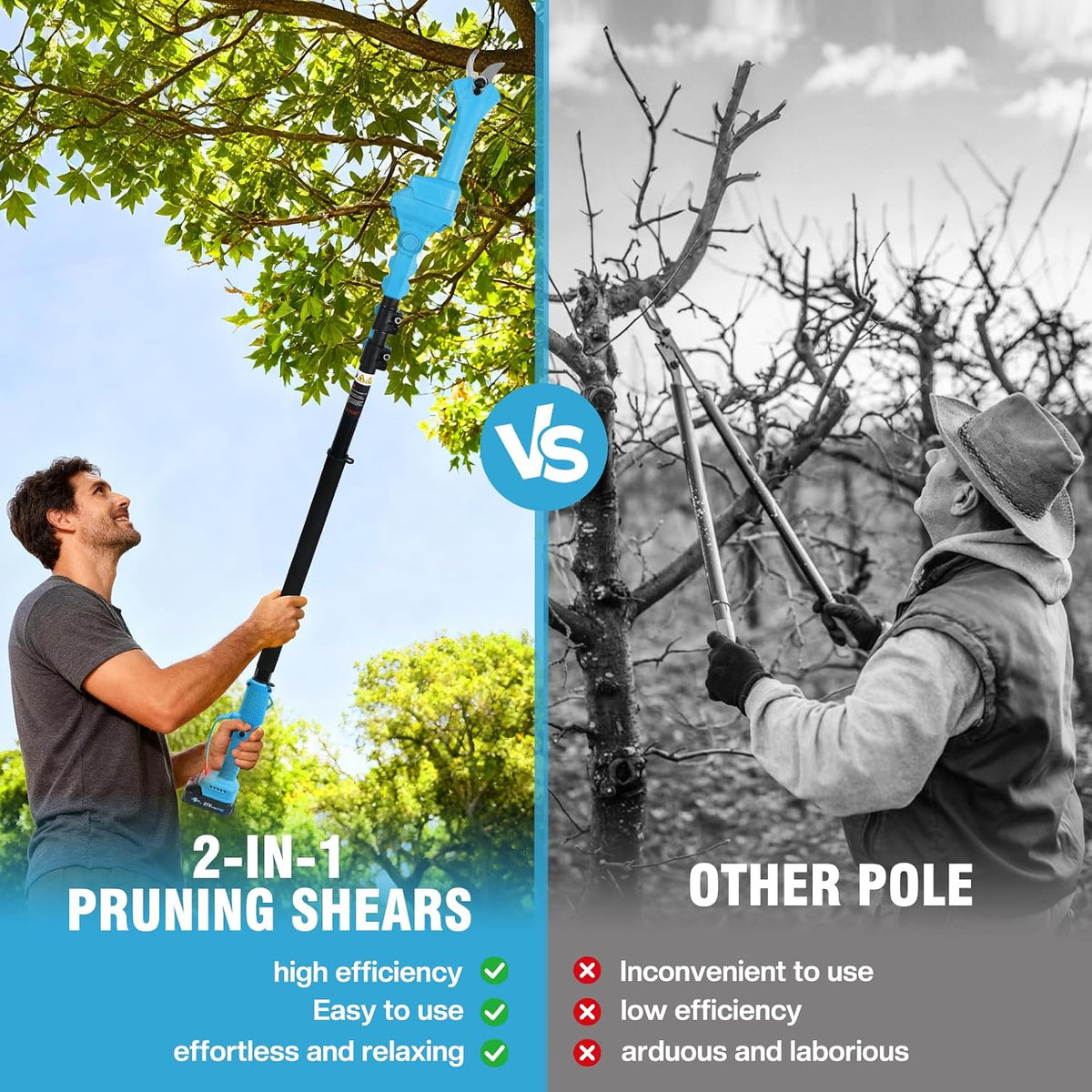 Brushless Electric Pruning Shears,15FT Telescoping Rod Pole Pruners for Tree Trimming, Electric Tree pruner Cutter with 2 * 21V 4000mAH Batteries, 1.2 Inch Cutting Diameter, with Replace Blade (Blue)