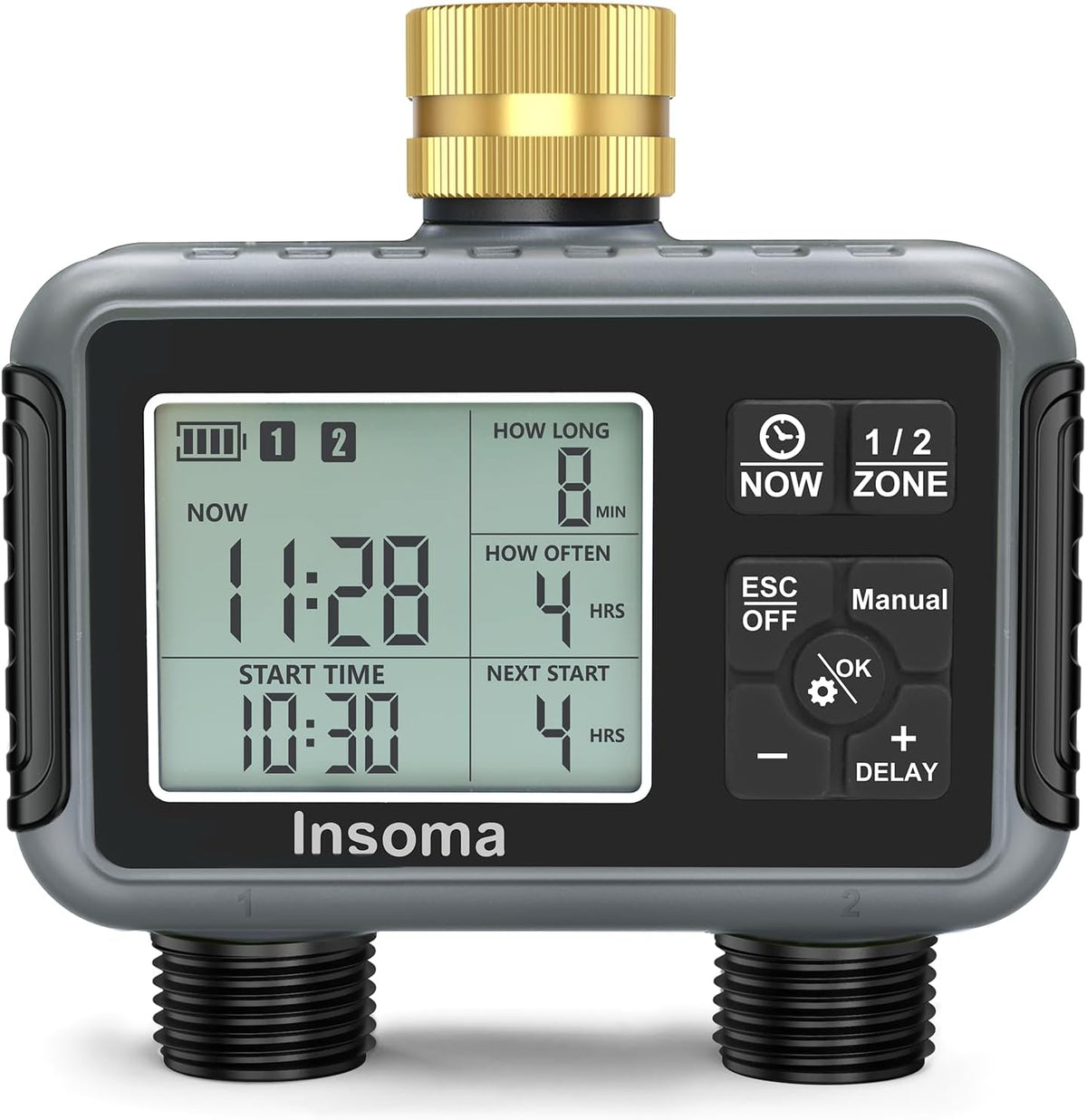 Water Timer with Brass Inlet, 2 Independent Zones Outdoor Hose Timer for Garden Faucet with Auto/Manual/Rain Delay Mode, Sprinkler Irrigation Timers for Yard Lawn