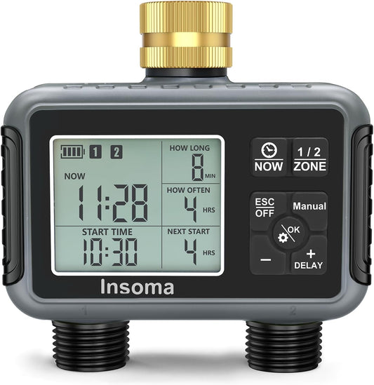 Water Timer with Brass Inlet, 2 Independent Zones Outdoor Hose Timer for Garden Faucet with Auto/Manual/Rain Delay Mode, Sprinkler Irrigation Timers for Yard Lawn