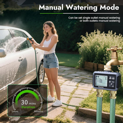 Water Timer with Brass Inlet, 2 Independent Zones Outdoor Hose Timer for Garden Faucet with Auto/Manual/Rain Delay Mode, Sprinkler Irrigation Timers for Yard Lawn