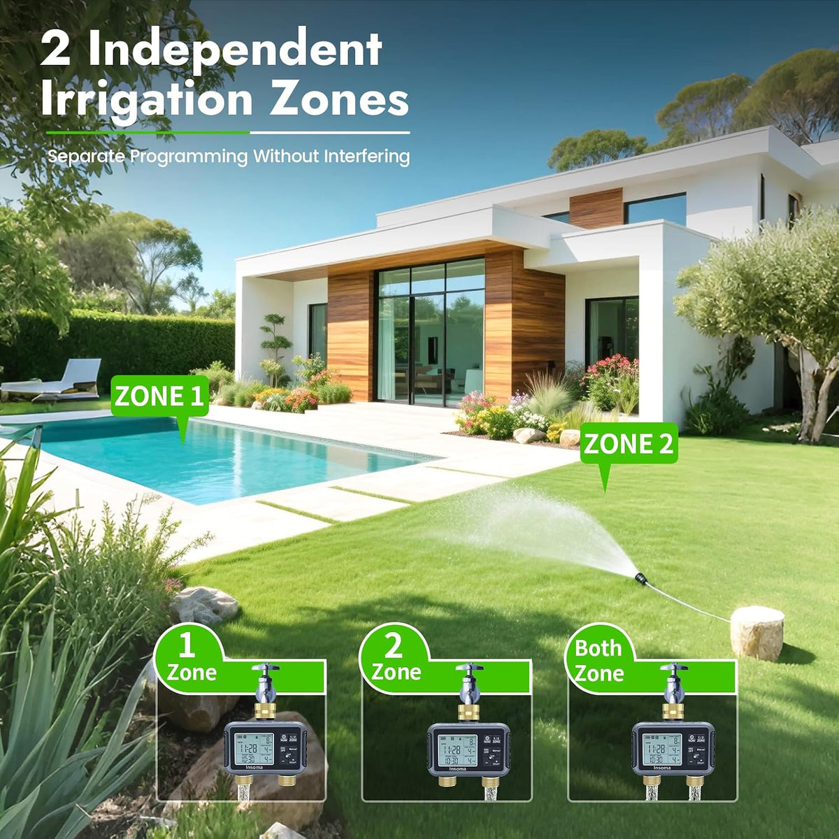Water Timer with Brass Inlet, 2 Independent Zones Outdoor Hose Timer for Garden Faucet with Auto/Manual/Rain Delay Mode, Sprinkler Irrigation Timers for Yard Lawn