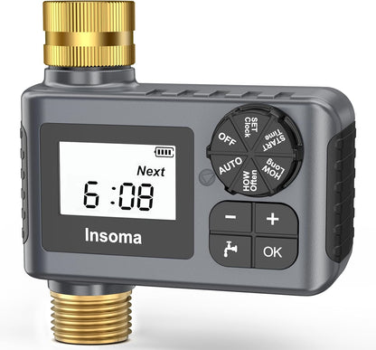Water Timer with Brass Inlet, 2 Independent Zones Outdoor Hose Timer for Garden Faucet with Auto/Manual/Rain Delay Mode, Sprinkler Irrigation Timers for Yard Lawn