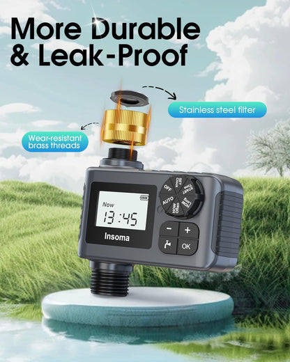 Water Timer with Brass Inlet, 2 Independent Zones Outdoor Hose Timer for Garden Faucet with Auto/Manual/Rain Delay Mode, Sprinkler Irrigation Timers for Yard Lawn