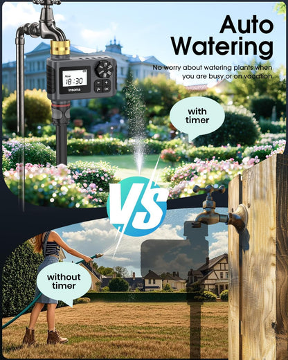 Water Timer with Brass Inlet, 2 Independent Zones Outdoor Hose Timer for Garden Faucet with Auto/Manual/Rain Delay Mode, Sprinkler Irrigation Timers for Yard Lawn